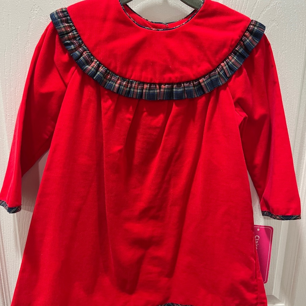Red Corduroy Long Sleeved Dress with Plaid Trim